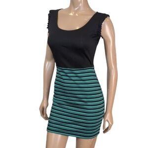 BeBop Striped Mini Dress Ruffle Cap Sleeve Black Teal Bodycon Womens Size Small